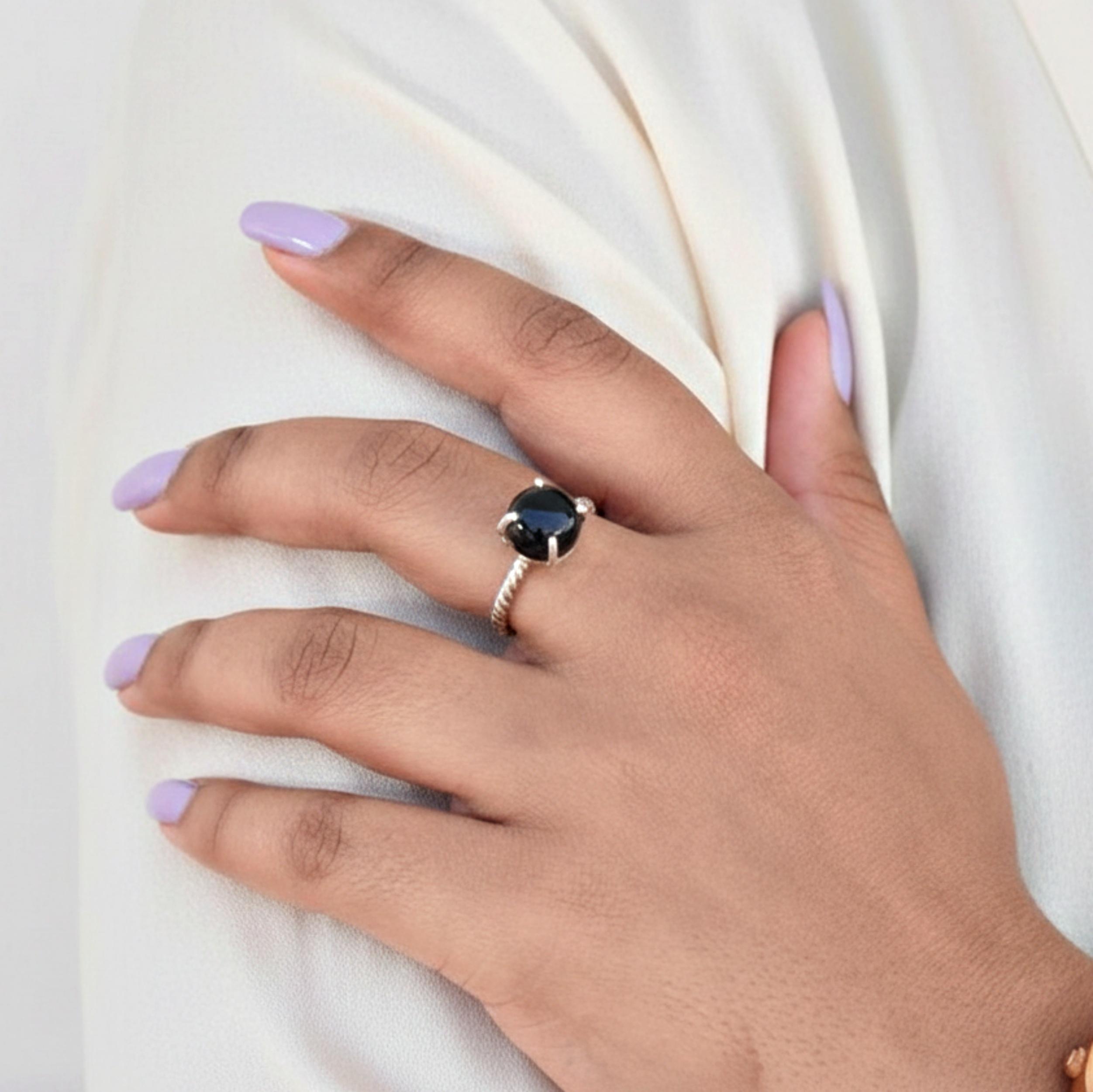 

Black Onyx Round Cabochon Statement Ring, 925 Sterling Silver, Minimalist Prong Setting Ring 12 срібний