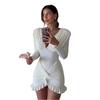 Sommer Neue Damenbekleidung Temperament Sexy Einfarbige Kragen Taille Hüfte Falten Langarmkleid