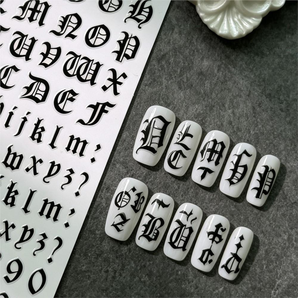 3sheets 3D Old English Letter Nail Stickers Gold/Silver/Black Retro Alphabet & Numbers Nail Decals Self-Adhesive Nail Decora E#4