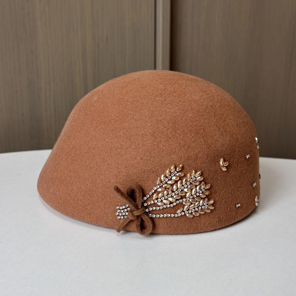 Hat Ladies Autumn and Winter Hand-sewn Diamond Wool Beret British Retro Pumpkin Hat Elegant Light Luxury Top Hat