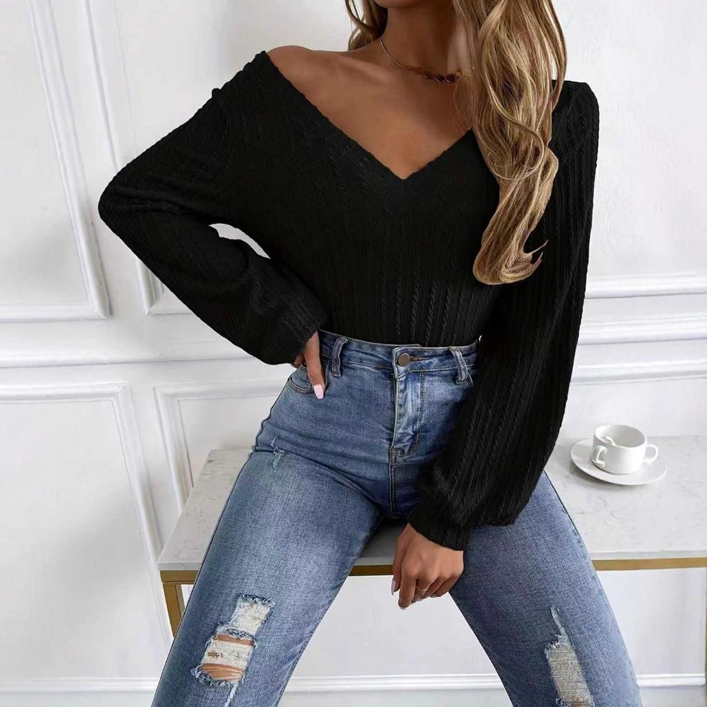 Fall Winter New Women's Solid Ribbed Long Sleeve V Neck T-shirt Casual Top, European American Style Crossborder Foreign Apparel