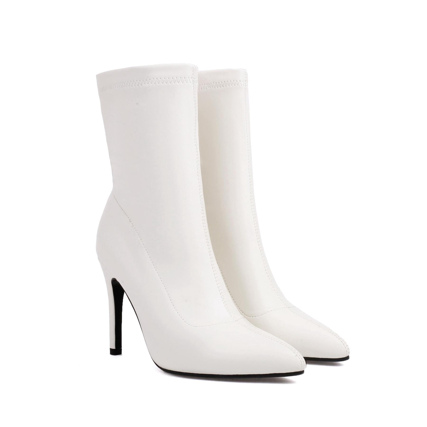 

Обувь Krazing Pot PU осень-зима на шпильках с высоким каблуком, суперразмерные ботинки на платформе с острым носком, сохраняющие тепло, ботильоны без застежек 46 белый