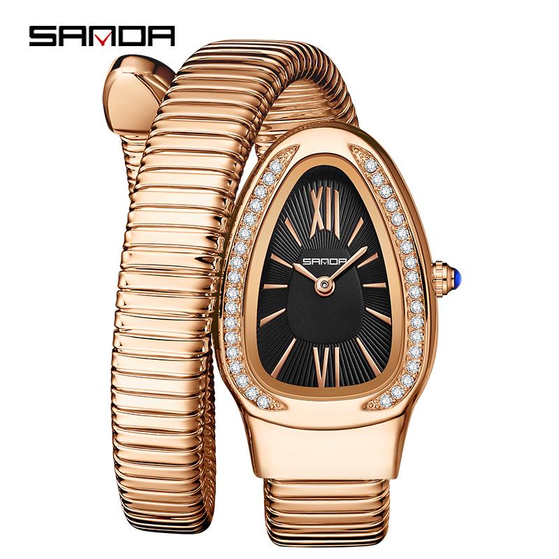 SANDA Women's Luxury Snake Head Bracelet Watch with Roman Mother-of-Pearl Dial, Diamond Accents, English Two-Hand, 30M Water Resistant.