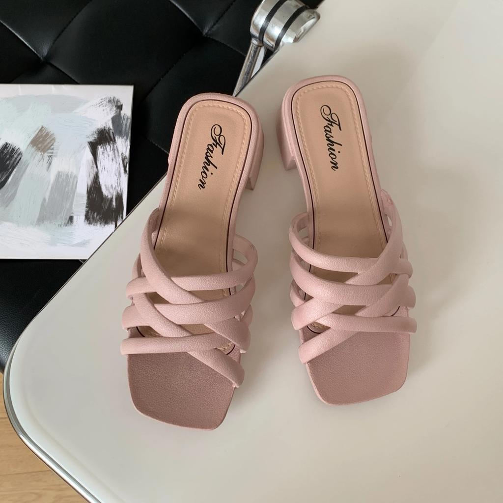 Fashion Women's Fashionable Summer PVC Outerwear Mid-heel Slippers, Casual Beach New Thick-heel Sandals, Hollow Women's Shoes