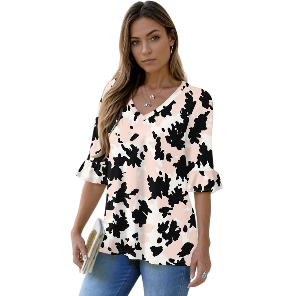 Women's Casual 3/4 Sleeve Tops V-Neck Sleeve T-Shirt Floral Print Tops