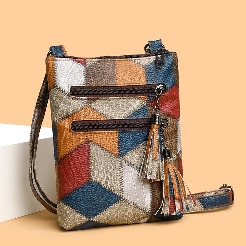 

Vintage PU Leather Shoulder Crossbody Top Handle Bag Middle Aged Women Plaid Color Block Fringe Tassel Mummy Handbag