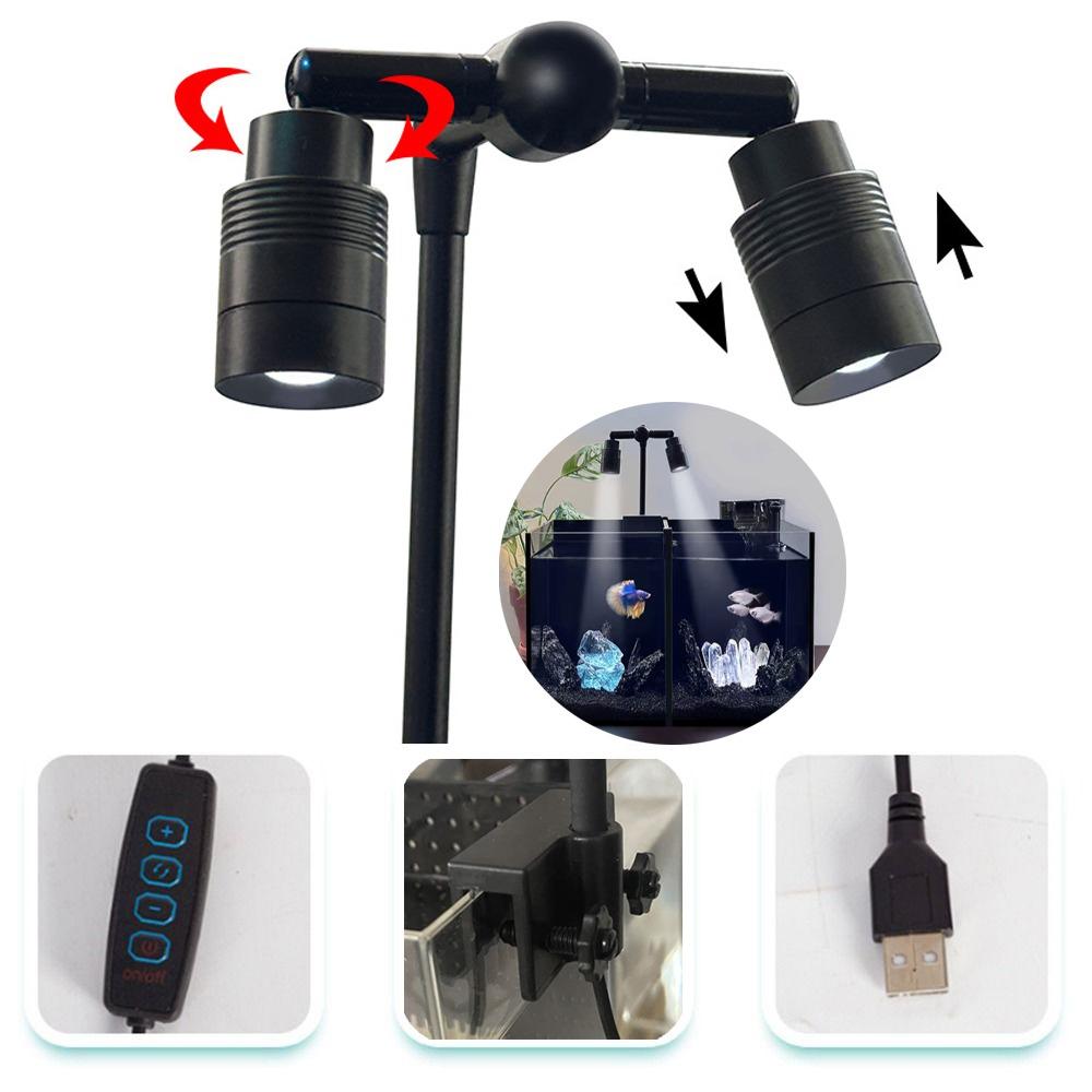 

Double-headed Mini Clip-on Aquarium Lamp Adjustable Zoom 6W Adjustable Focus Spotlight Rotation USB Plants Grow Lamp Yellow White Light