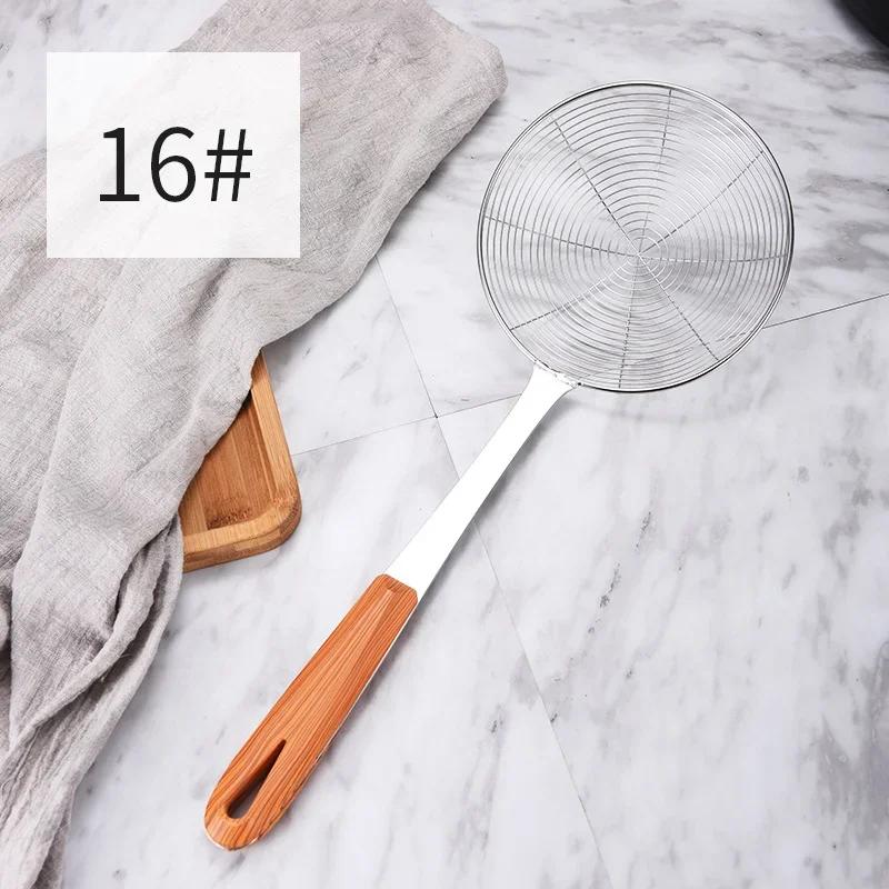 

Ручка из дерева, большой дуршлаг, шумовка для слива масла, сито для картофеля фри из нержавеющей стали, ложка для домашних кухонных принадлежностей, гаджеты