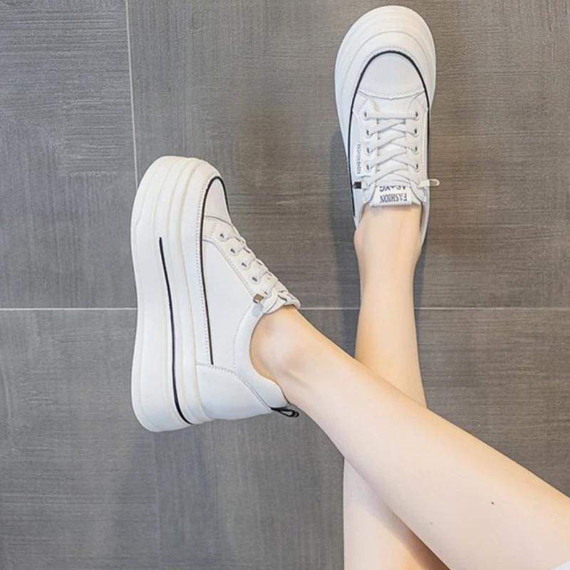 Womens Casual Sneakers Inserted Height Platform Shoes Lace-up Ladies Vulcanized Shoes Leather Breathable Women Shoes Comfortable