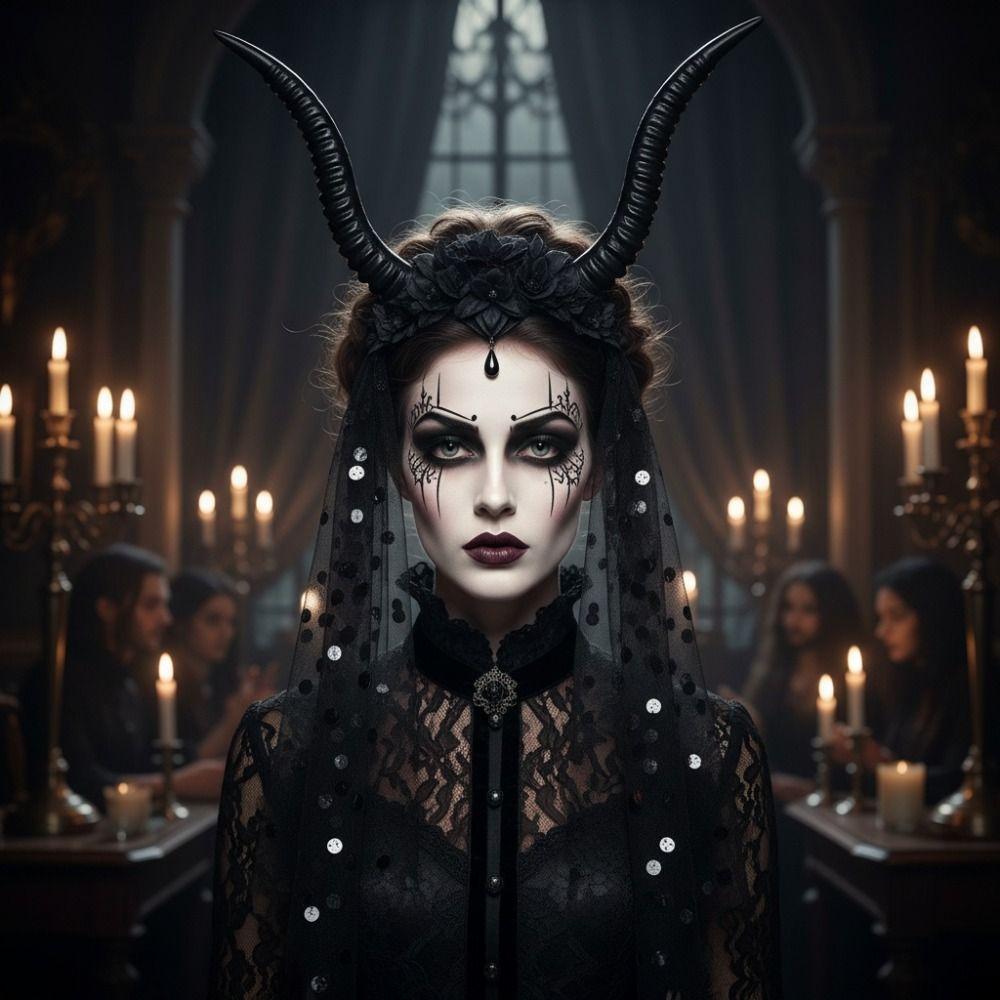 Black Halloween Devil Headwear with Veil Sheep Horn Headband Adults