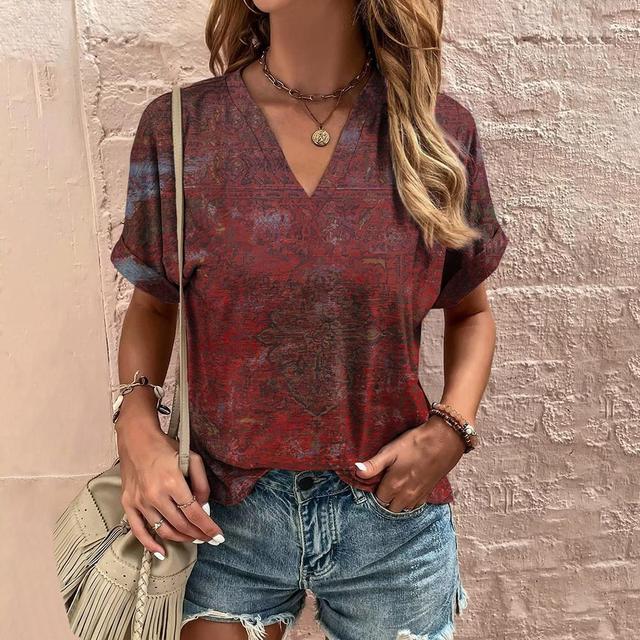 Retro Women's T Shirt Floral Print Summer Casual Ladies Clothes Short Sleeve Blouse V Neck Harajuku Clothing Female New Street