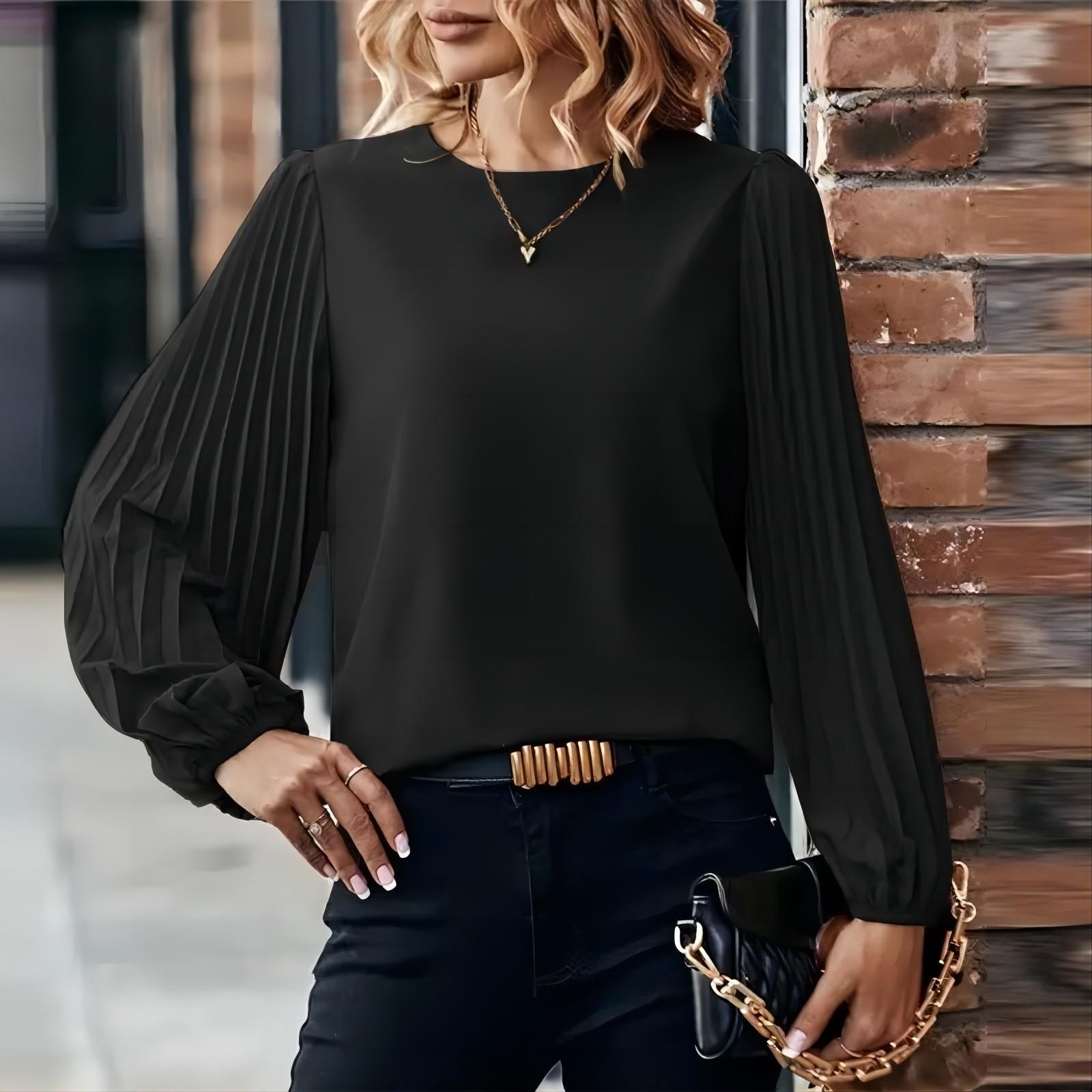 

Women s Pleated Long Sleeve Shirt Fashion Round Neck Retro Solid Color Casual Tops L чорний