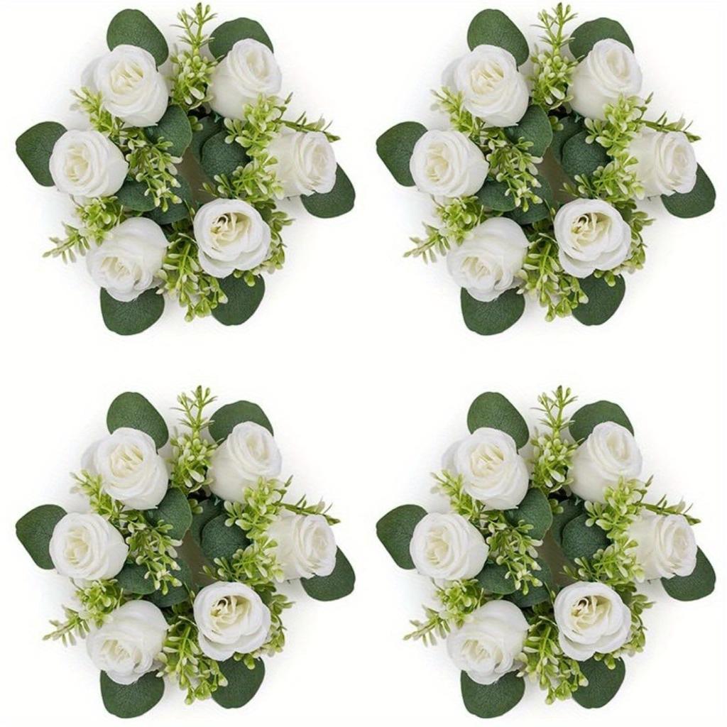 4pcs Artificial Roses Flowers Candle Holders, Candle Rings Wreaths, Wedding Centerpieces for Tables Wreath for Front Door Weddings Party Decor