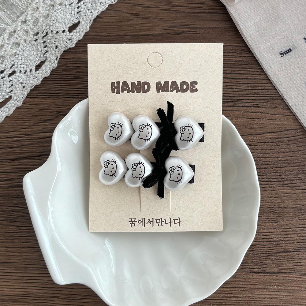 Love Heart Star Kitten Hair Clips & Ties Set: Black & White Elastic Bands, Side Clips, Versatile Bangs Clips for Children