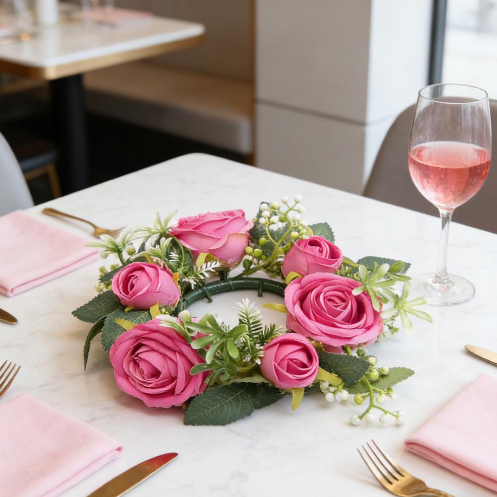 25cm Mini Artificial Wreath Candle Ring Realistic Faux Rose Garland With Plastic Base Candle Wine Decor Weddings Party Dining