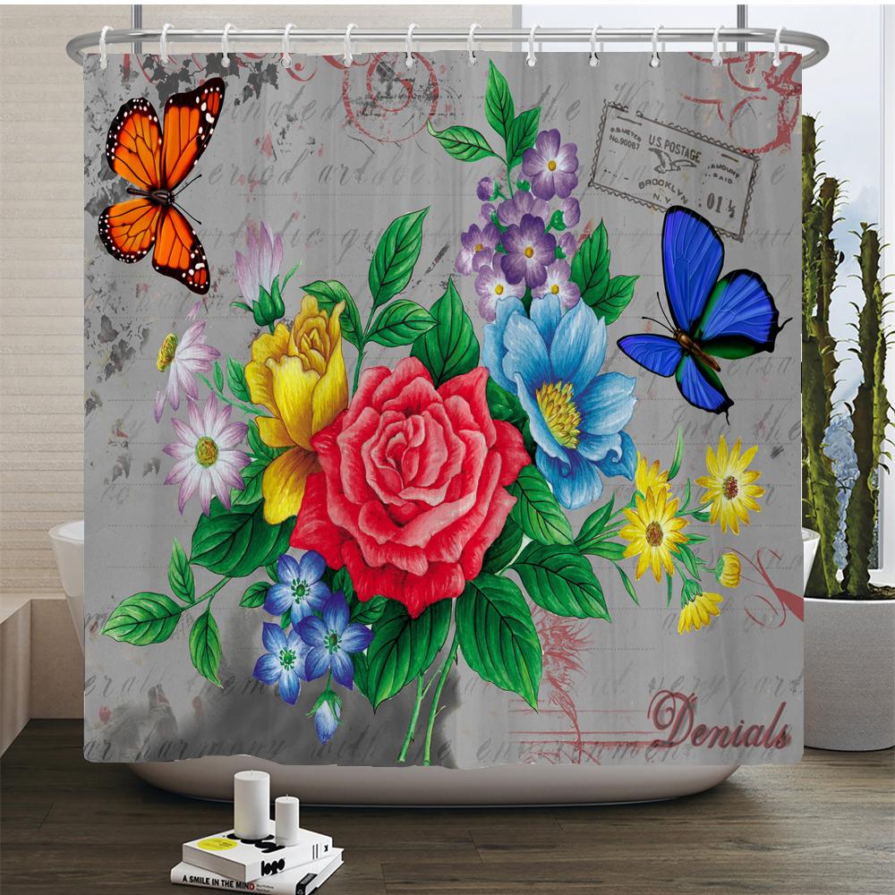Watercolor Red Flower Shower Curtain Flowers and Plants Waterproof Polyester Bath Curtain For Bathroom Home Decor Accessories