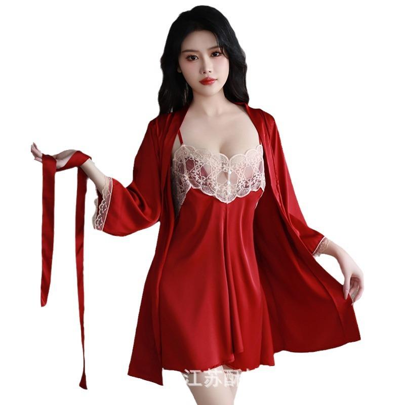 Crispy New Spring and Summer Comfortable Pajamas Backless Sweet Embroidered Lace Suspender Pajamas Women's Cardigan Loungewear Set