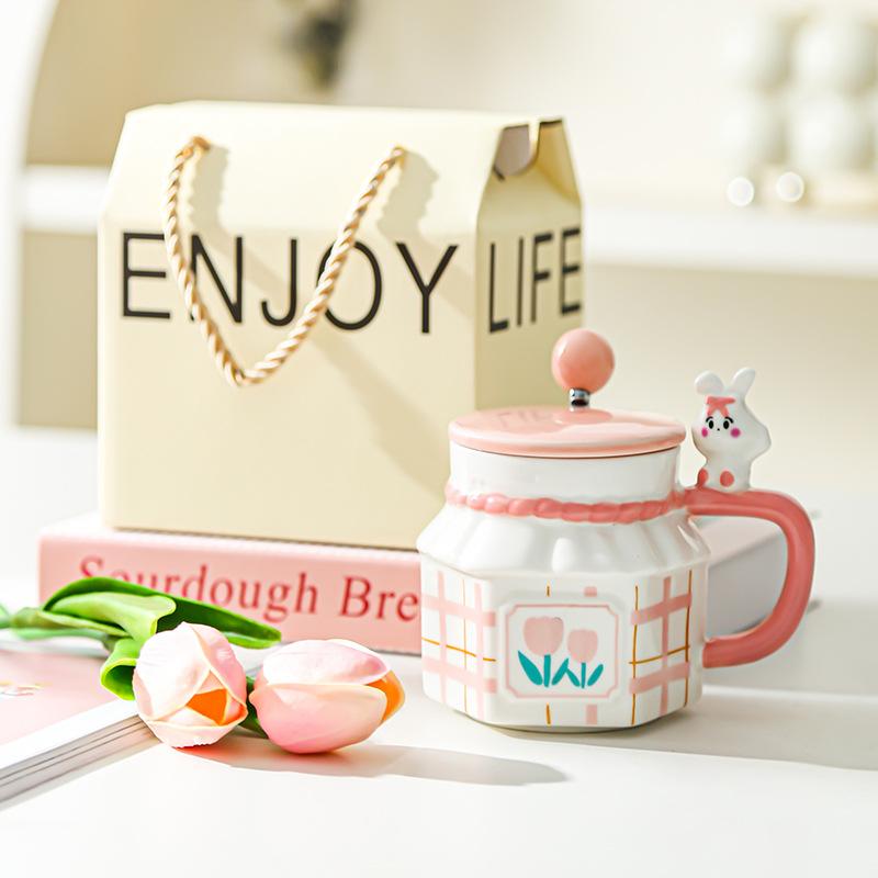 Tulip Rabbit Flower Couple Mug Creative High Value Home Office Ceramic Cup Coffee Cup with Lid