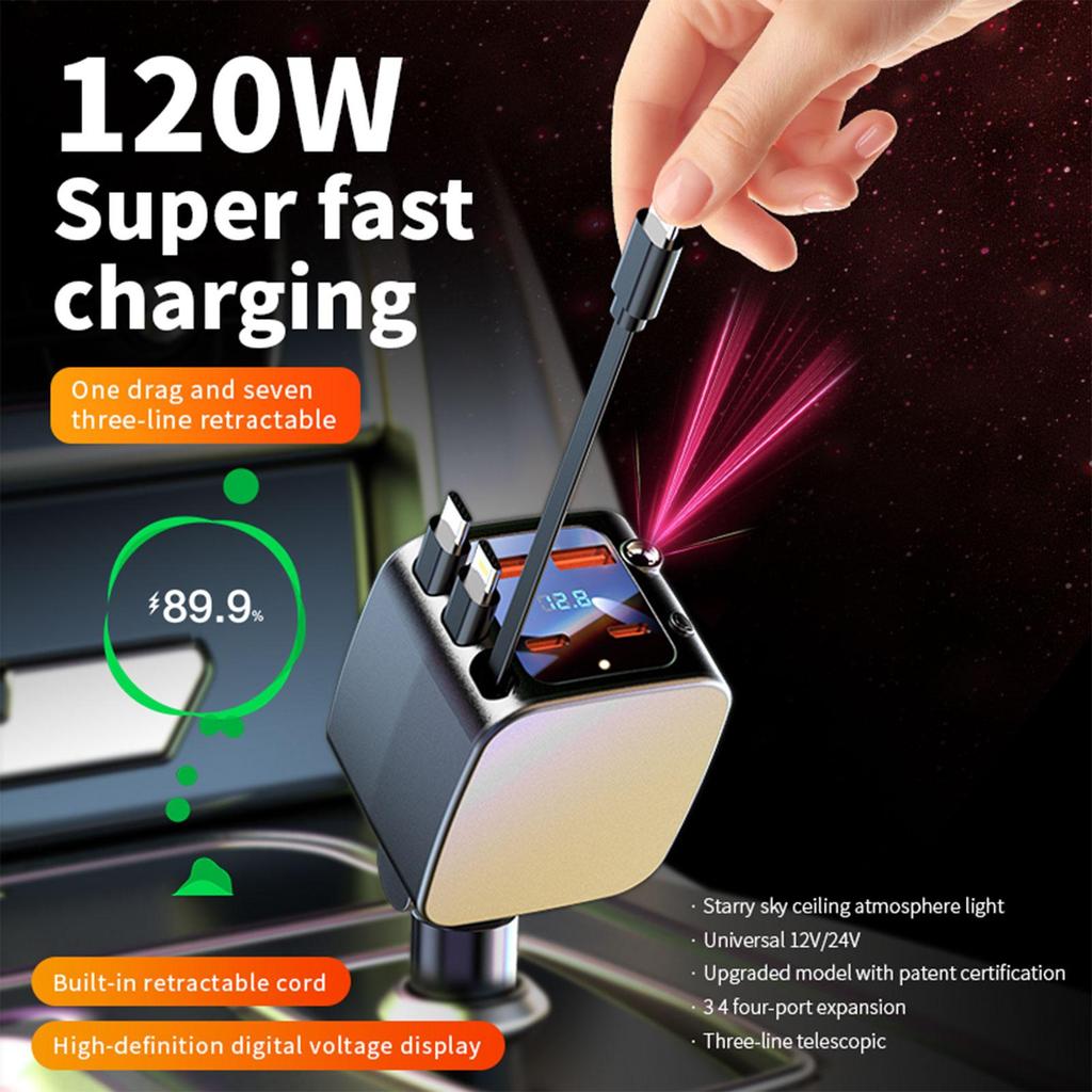USB automobile charger Retractable Car Charger 2 USB Ports Fast Charging Auto Accessories with Starlight Ambiance Car Charger