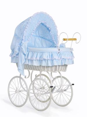 Retro Wicker Moses Basket with Foldable Canopy Victoria - White + Blue Lace Bedding