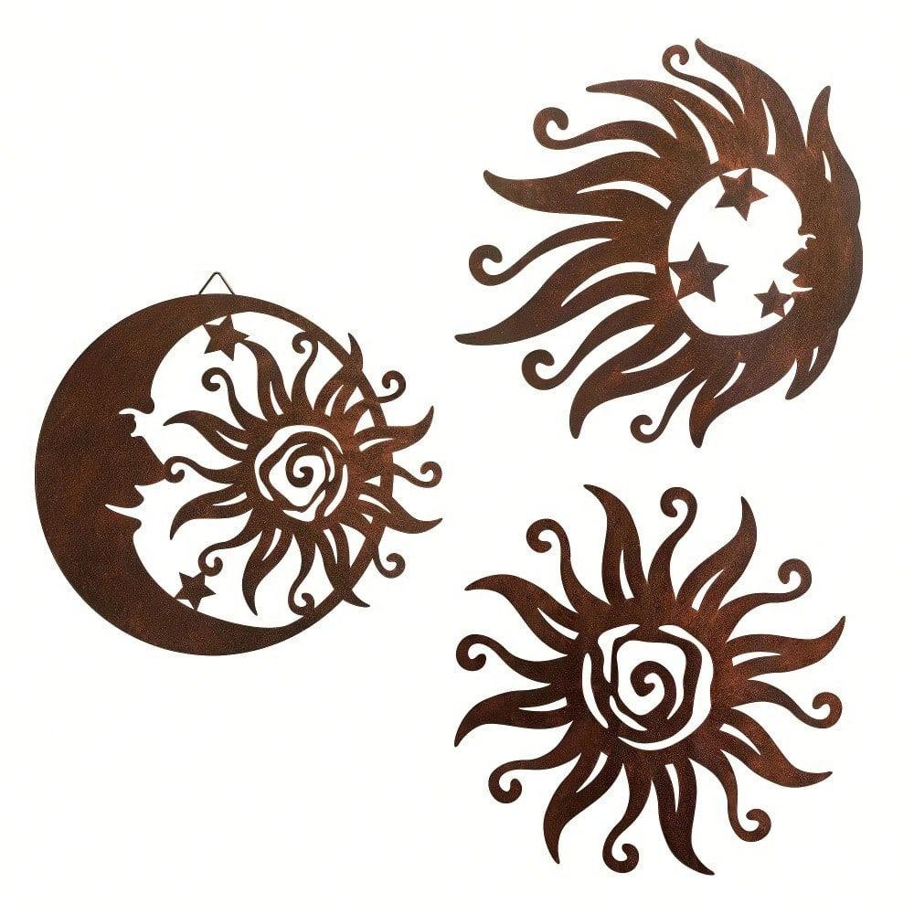 Wrought Iron Sun Wall Art 3 Pieces, Silhouette Sunburst Sculpture, Metal Hanging Decor for Living Room Bedroom