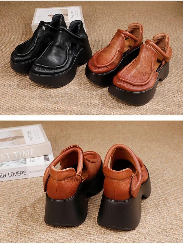 Johnature Retro Genuine Leather Thick Soled Shoes Round Toe Thick High-heeled Comfortable Platform Sandals