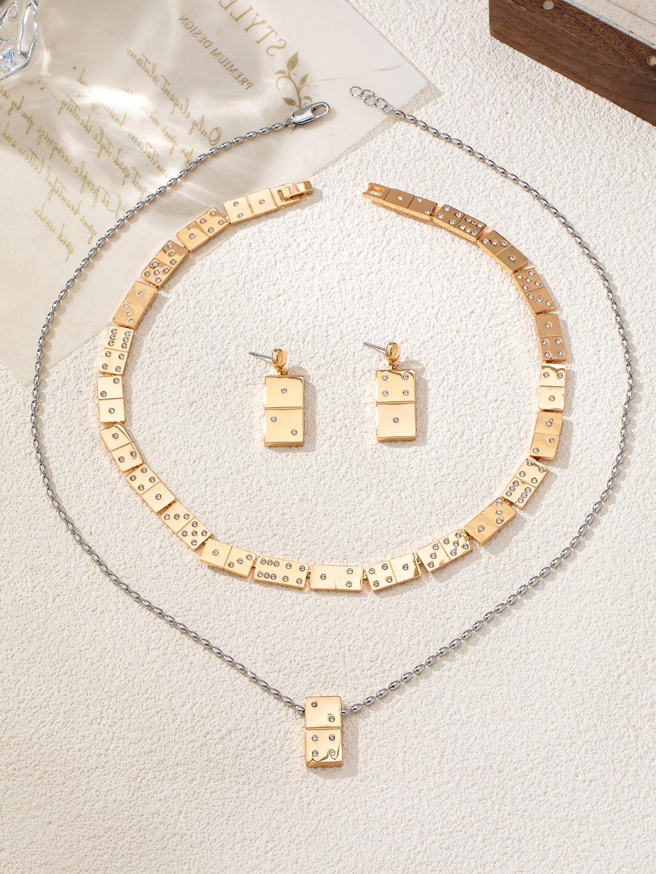 Hot-selling mahjong block inlaid zircon jewelry set versatile trendy neck chain