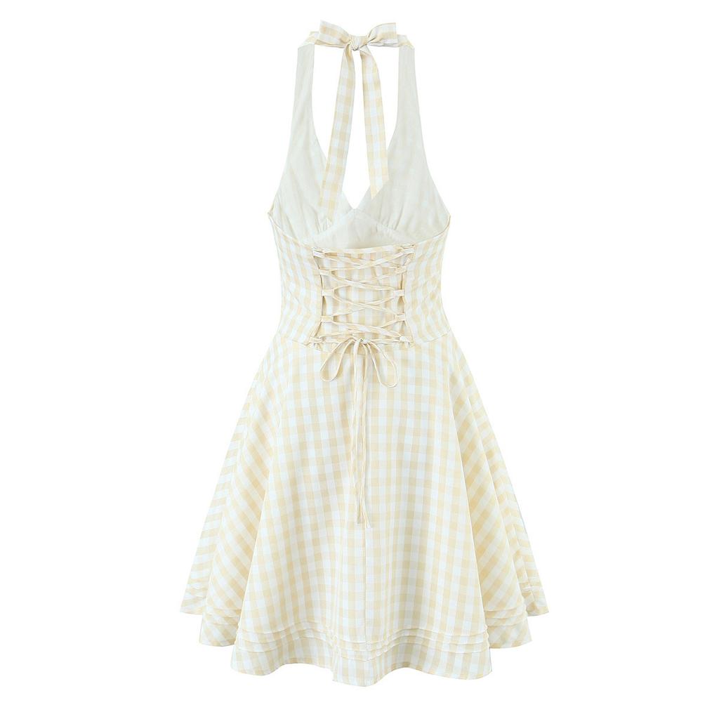 French retro plaid sweet and sexy neck halter waist thin dress women's summer vacation style short skirt