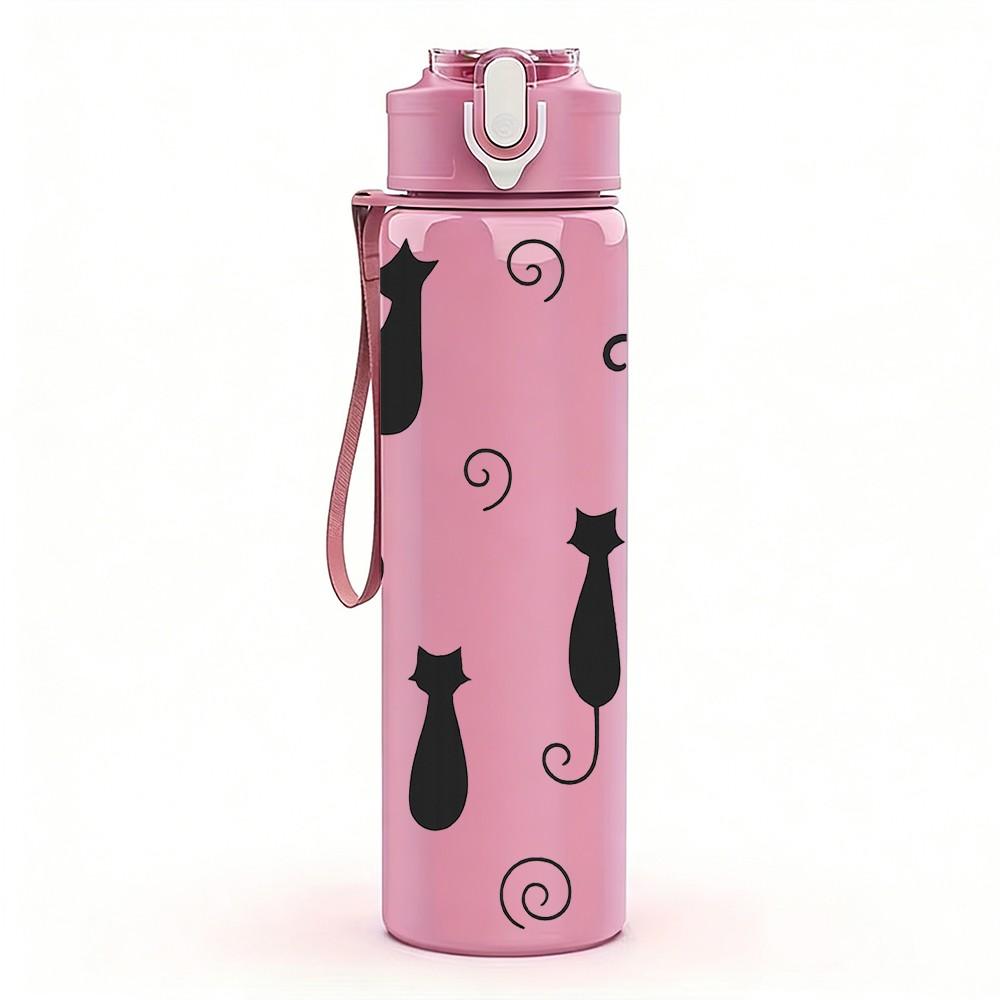 1PC Black Cat Silhouette Pattern 750ml Color Plastic Sports Water Bottle Leakproof Flip Straw Lid Suitable for Sports Office Home Use