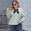 Women's Pullover Spring and Autumn Large Size Semi-high Neck T-shirt Top Ribbon Bow Patchwork Ribbed Base Layer