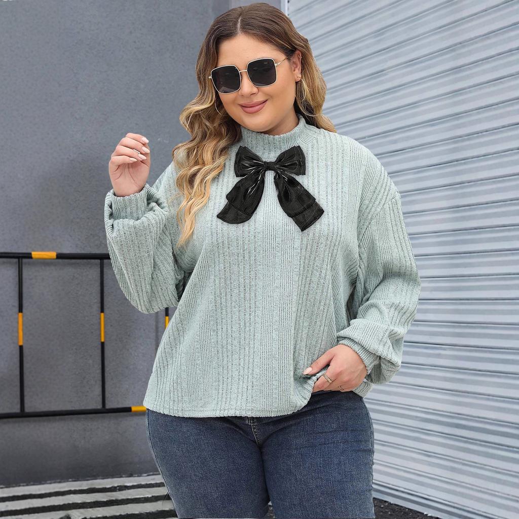 Women's Pullover Spring and Autumn Large Size Semi-high Neck T-shirt Top Ribbon Bow Patchwork Ribbed Base Layer
