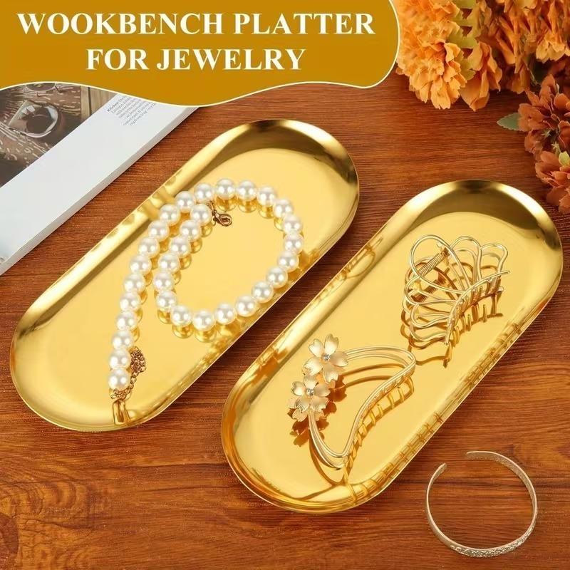 10pcs Mini Decorative Trays Stainless Steel with Golden Oval Pattern for Jewelry Display Bathroom Vanity Placing Holding Candles