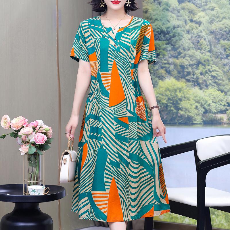Elegante Damen-Sommerkleider Übergröße Lässig Print Kurzarm Langkleid
