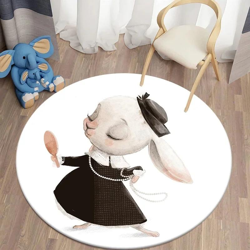 Cartoon Bunny Print Round Carpet Rabbit Area Rugs Circle Carpets for Living Room Floor Mat Polyester Anti-Slip Mats for Children