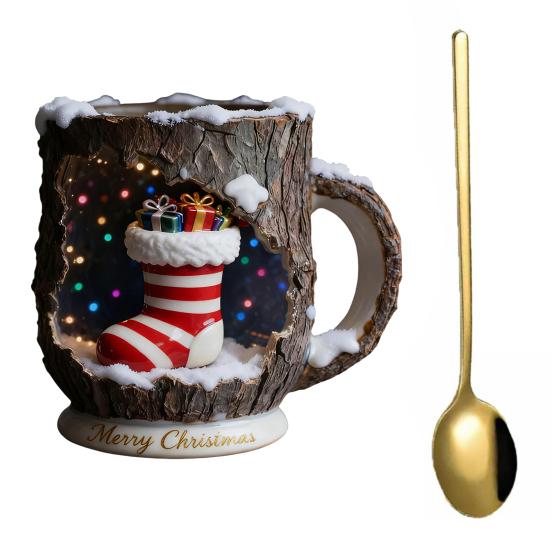 Festive Christmas Mug 3D Tree Bark Texture Themed Santa Reindeer Coffee Cup Resin Holiday Decor Novelty Gifts