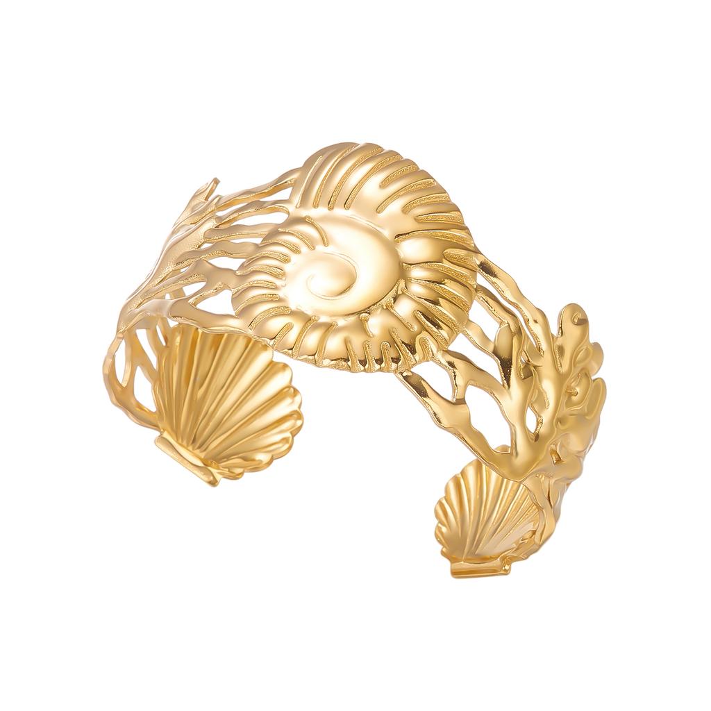 Women's Bohemian Stainless Steel Shell Conch Wide Cuff Bracelet Waterproof Hollow Coral Open Bangle Ocean Jewelry Gift