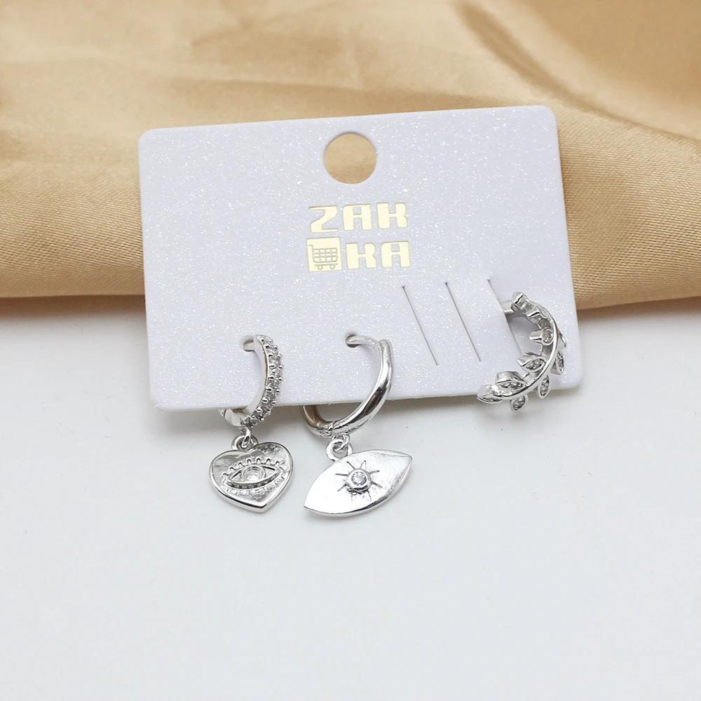 

3Pcs/Lot Devil s Eye CZ Crystal Leaf Copper Drop Earring Set for Women Temperament Korean Trend LOVE Wedding Zircon Girl Gift