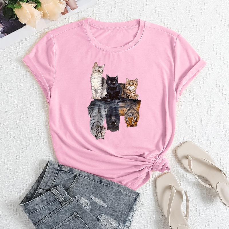 Summer Women's Three Cat Printed Loose Round Neck Casual Cotton Short Sleeves T-Shirts Women's