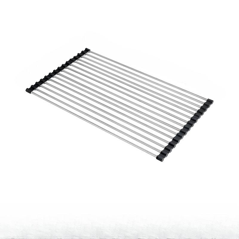 Premium stainless steel roll-up dish drying rack, space-saving, rust-resistant, easy-clean over-sink kitchen organizer.