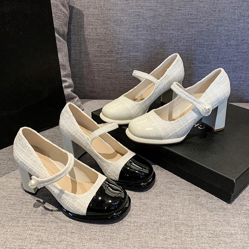 Pearl Embellished Mary Jane Flat Heels Women's Shoes Spring 2025 Leisure Round Toe Rubber Outsole Comfortable Inner Heightening