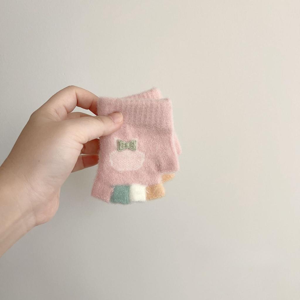 Baby Sticky Bow Mickey Half Finger Autumn and Winter Cute Baby Gloves Warm Knitted Gloves