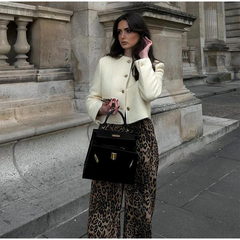 Осенний элегантный твидовый пиджак женский винтажный шерстяной однобортный с круглым — фото 6