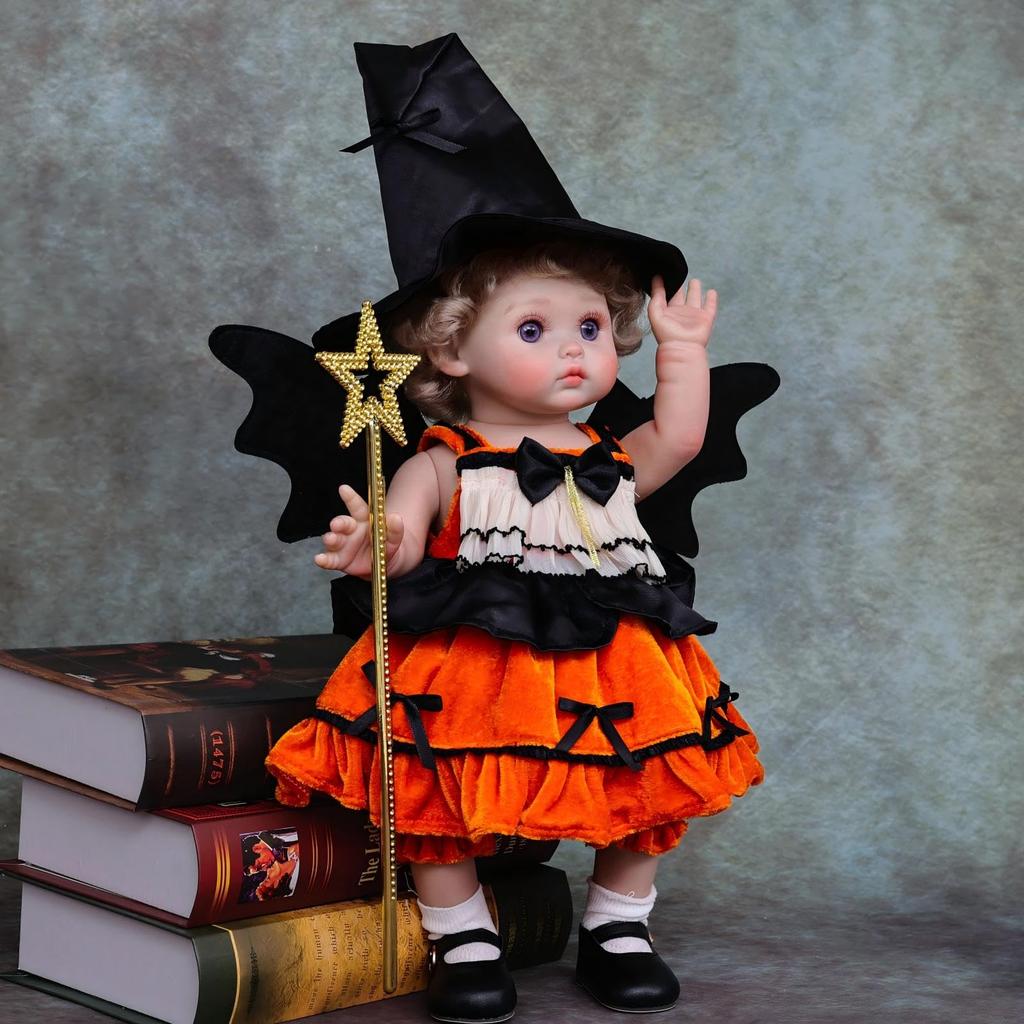 Cloveray 18-inch Vinyl Halloween Reborn Doll, Witch Costume Baby Doll, Hand-Painted High-Color Makeup, Perfect for Collection & Gift, Also Great for