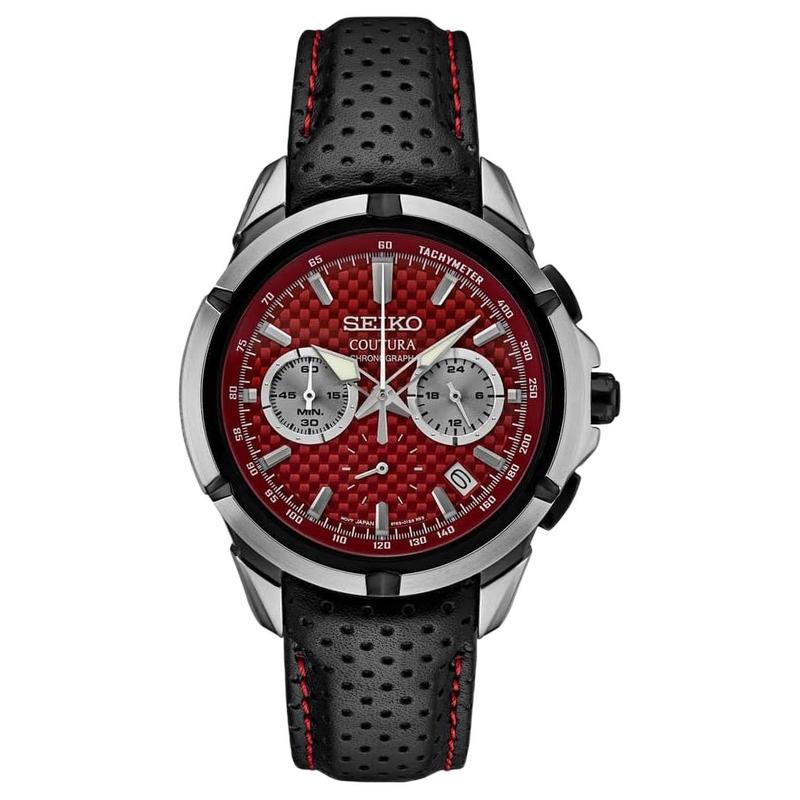 

SEIKO 100 meters waterproof Quartz leather strap 43mm men s watch red dial SSB435 синій