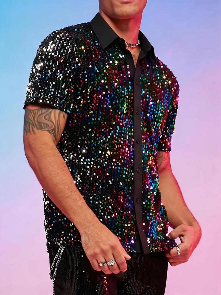 [Know And Give OBM] Men'S Multi-Color Sequined Shirt, Sparkling Short-Sleeve Top, Suitable for Parties, Club Attire, Stage Costume, Nightclubs And