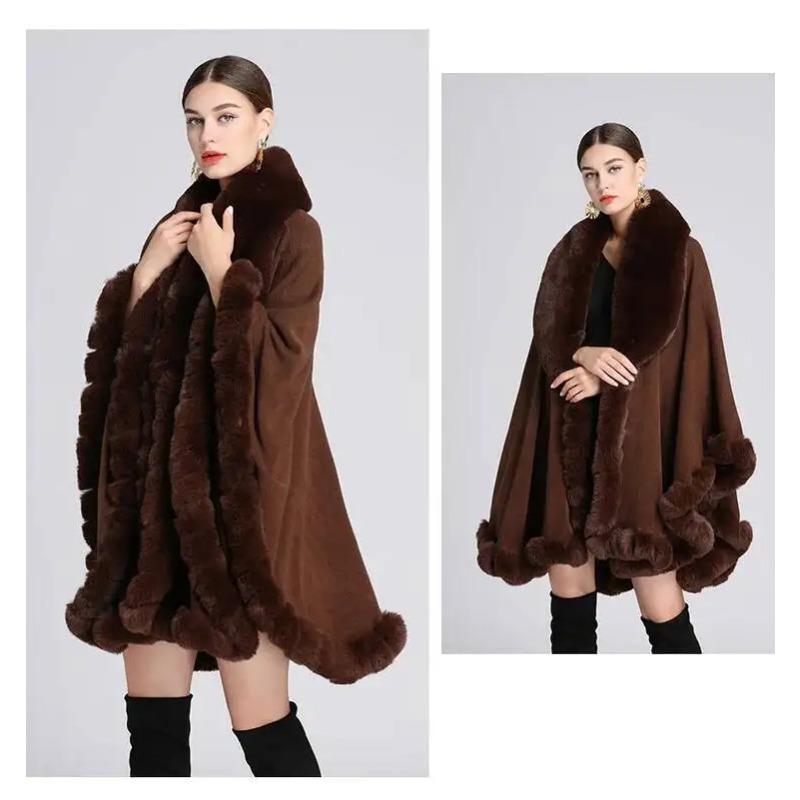 Cape en Fourrure Femme Vêtements d'Hiver Ponchos Épais et Chauds Châle Shawl Manteau Cardigan Longs Amples Manteaux