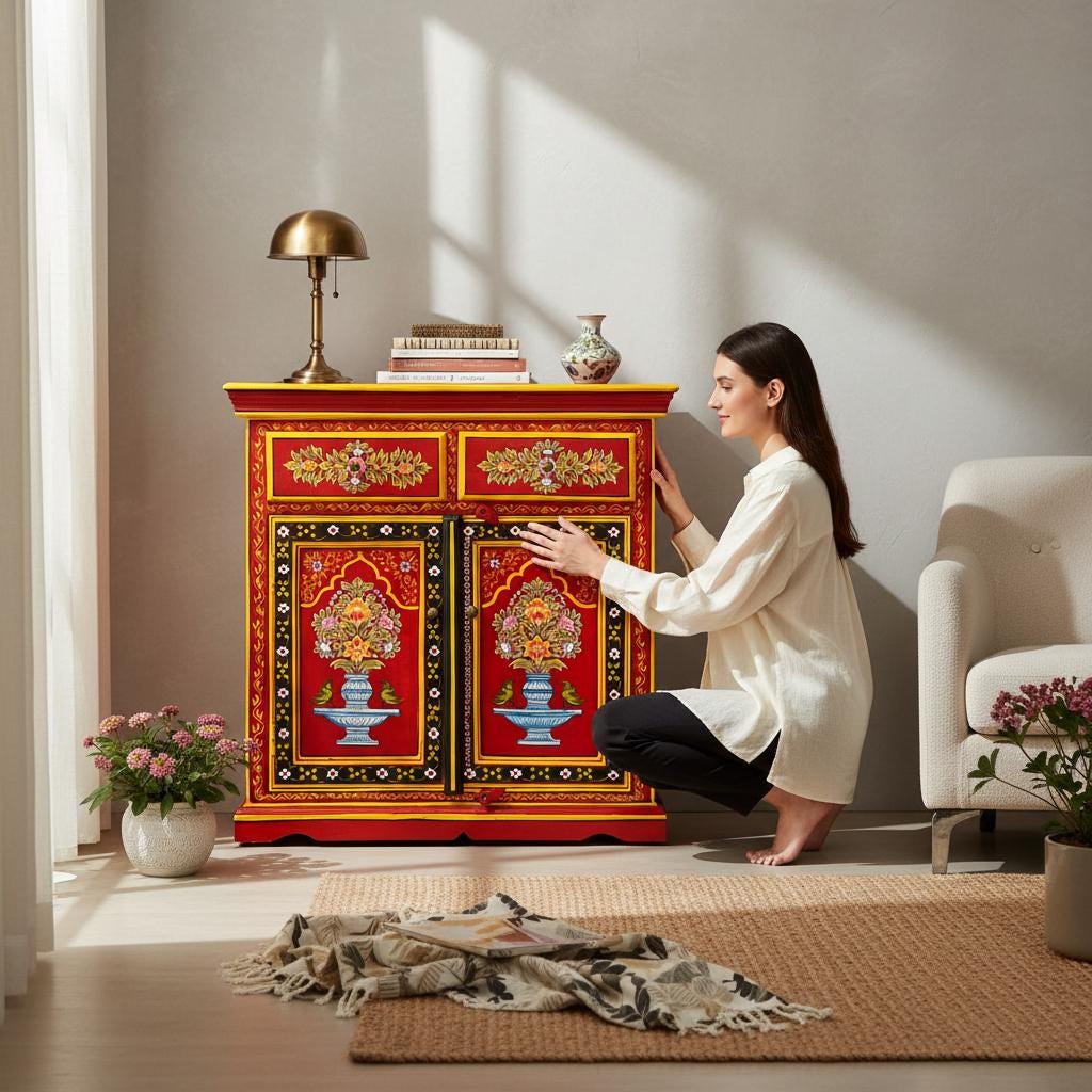 Wooden Painted Cabinet | Traditional Indian Storage Desk SideBoard| Bedside Floral Design | Home Decor Cupboard | Painted Accent Furniture