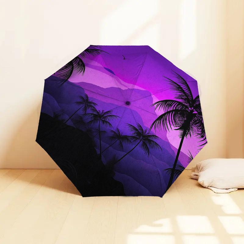 1PC Palm Trees Purple Landscape Pattern Small Travel Compact Windproof Umbrella, Automatic Folding Umbrella, Automatic Open/Close ,Gift-171