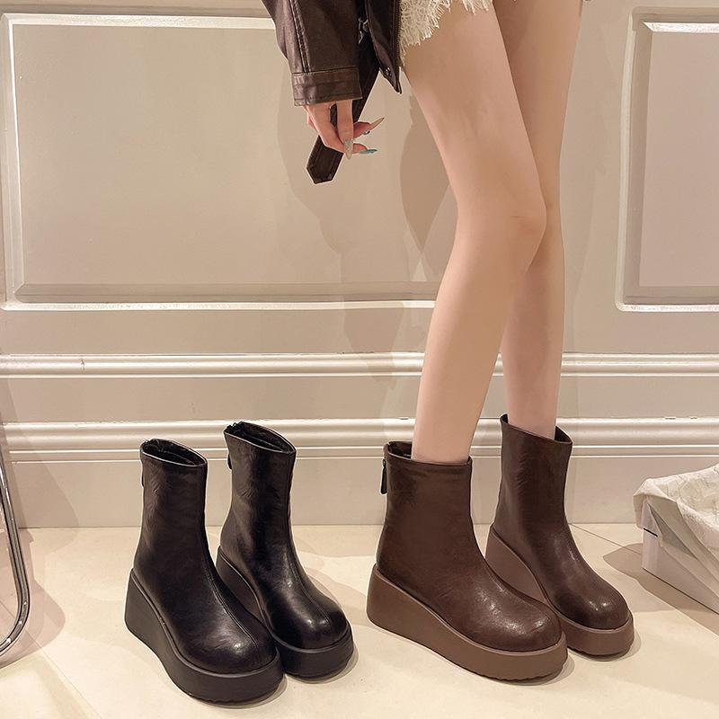 Nuevas Botas Cortas de Cuero Suave de Moda Retro Otoñales para Mujer, Punta Redonda, Suela Gruesa, Cómodas Botas para Mujer que Aumentan la Altura
