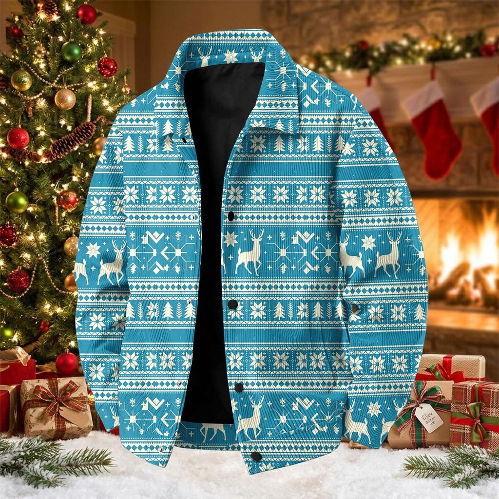 Men's Corduroy Collared Jacket Loose Fit Long Sleeve Casual Top with Christmas Print for Fall and Winter